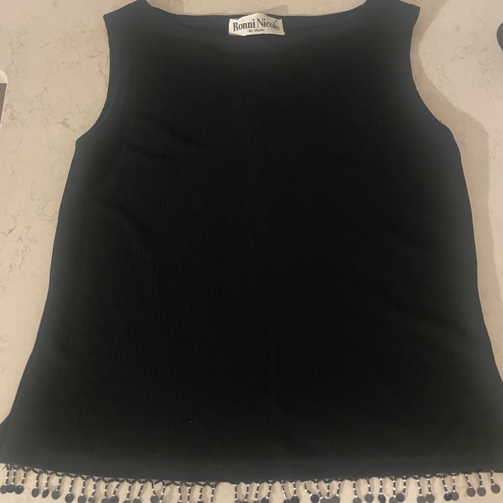 Ronni Nicole Black Tank Top with Beaded Fringe